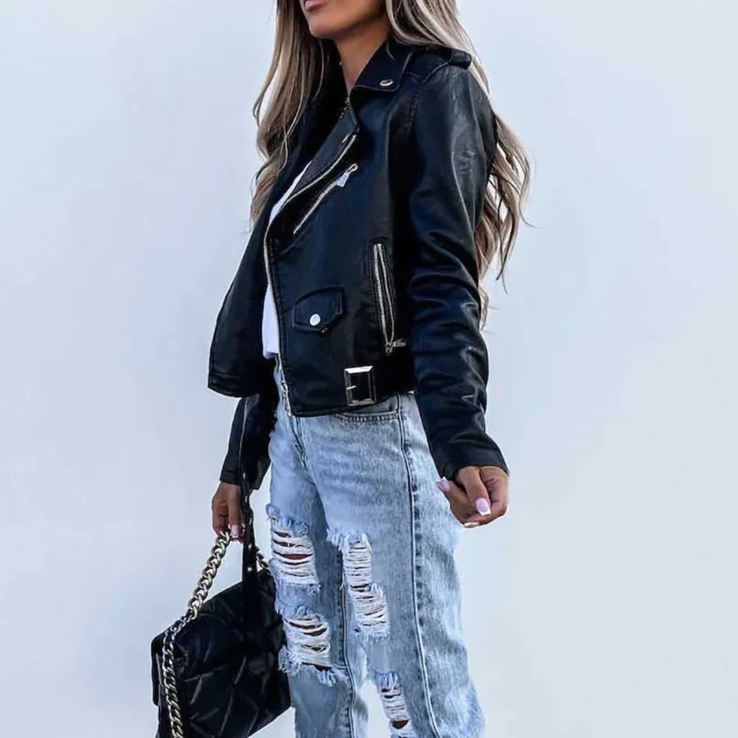 Elegante Lederjacke Damen Modern Gefüttert - IdealeKleiden
