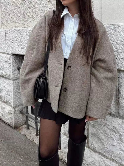 Manteau femme élégant en laine mélangée à col en V