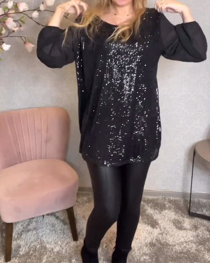 Robe élégante Col rond Manches longues Paillettes