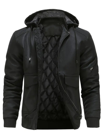 Herren Winterjacke Wasserdicht Winddicht PU-Leder Kapuze - IdealeKleiden