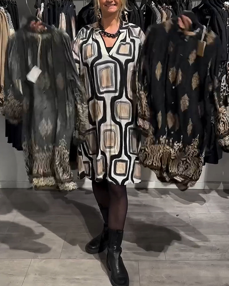 Robe Femme Décolleté en V Motif Géométrique