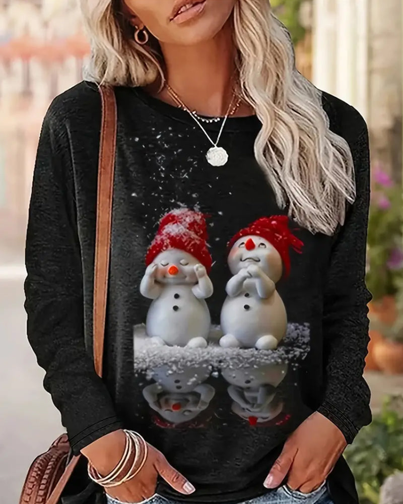 T-shirt de Noël à manches longues col rond motif bonhomme de neige