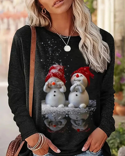 T-shirt de Noël à manches longues col rond motif bonhomme de neige