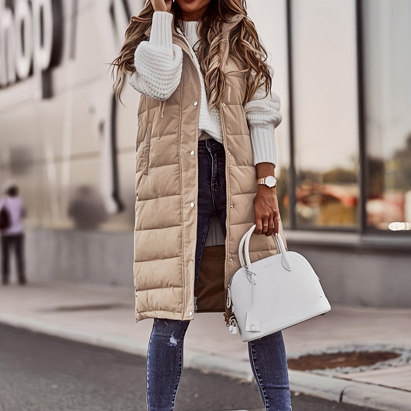 Gilet long à capuche sans manches pour femme