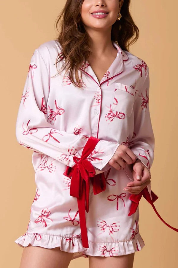 Ensemble de fête de Noël | Haut imprimé avec nœud papillon et short à volants