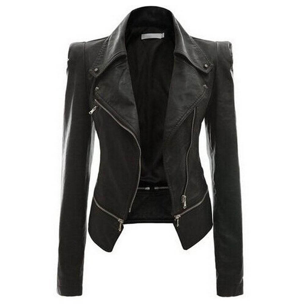 Damen Slimfit Lederjacke Schwarz Zip-Up - IdealeKleiden