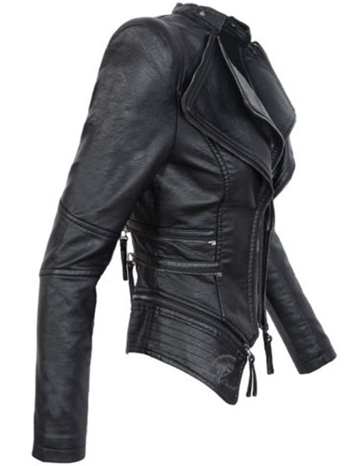 Damen Lederjacke Schwarz Asymmetrisch Biker Style - IdealeKleiden