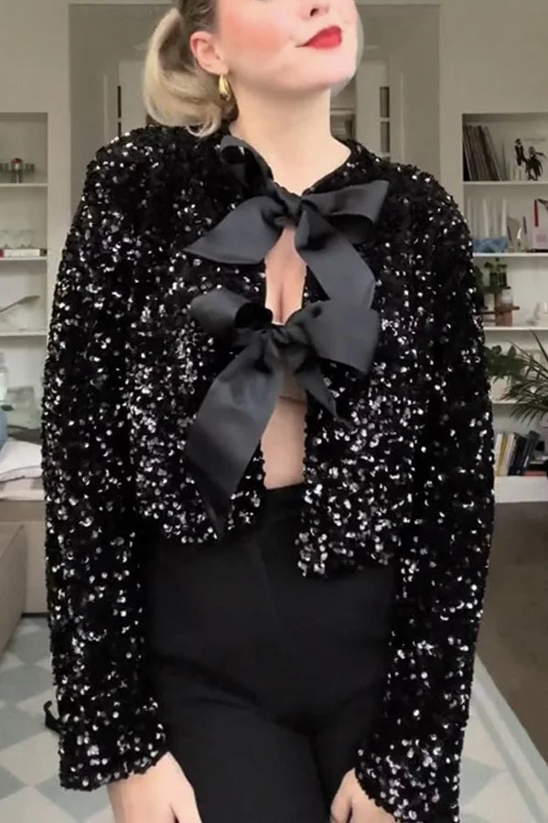 Feierliche Pailletten-Jacke Schleife Krawatte - IdealeKleiden