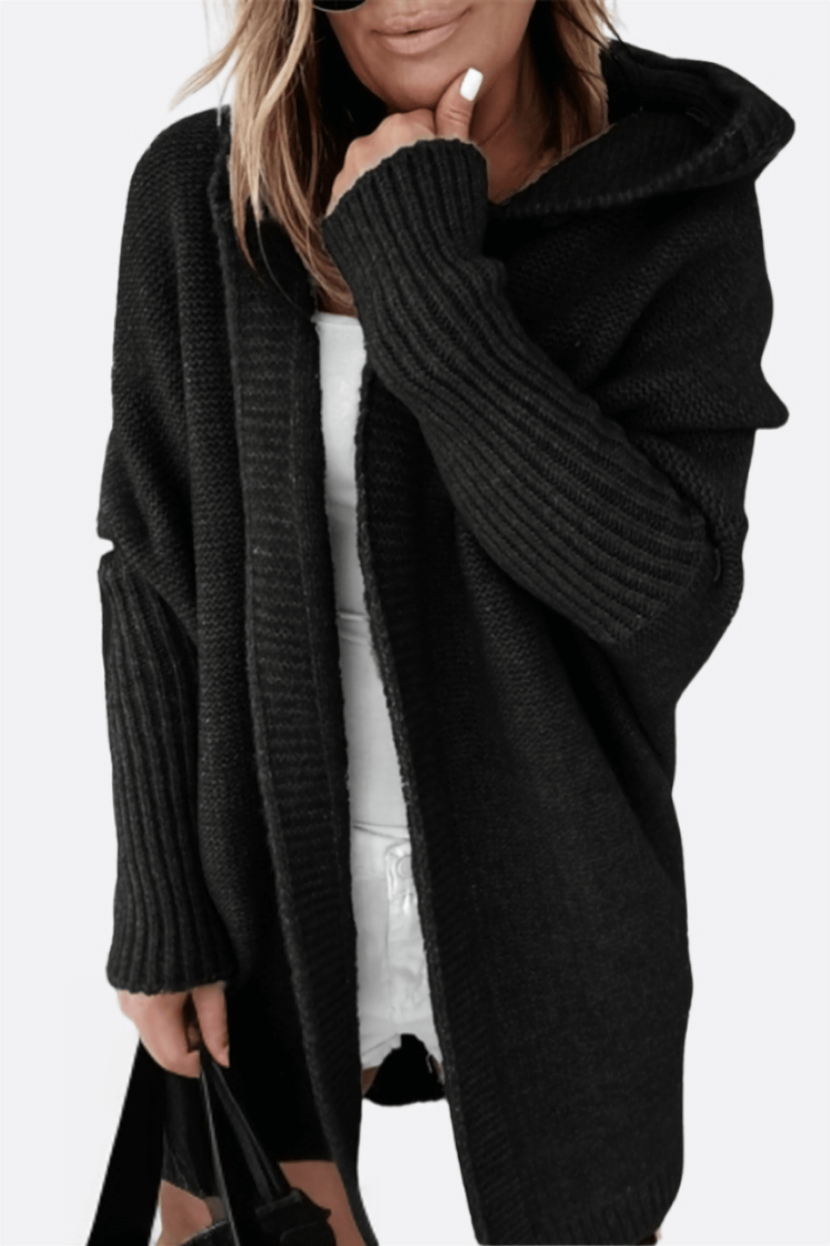 Gilet long en maille à capuche pour femme