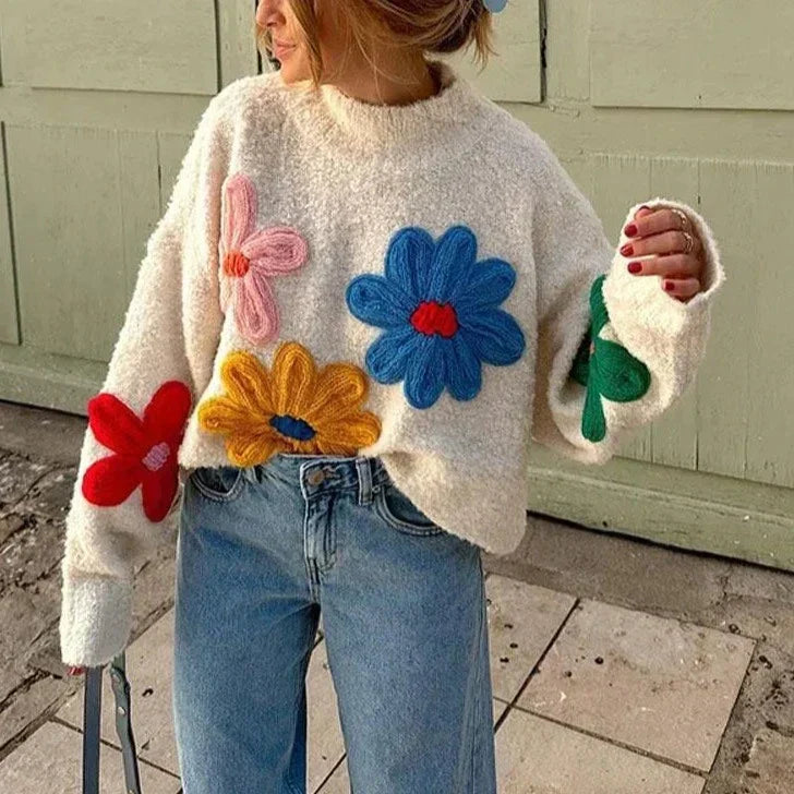 Blumenpullover Frauen Gemütlich Elegант - IdealeKleiden