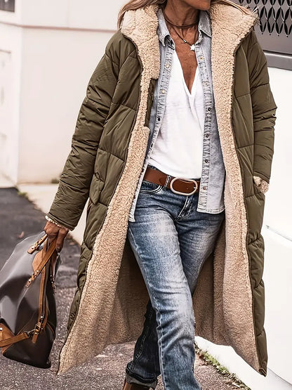 Veste réversible pratique à capuche longueur genou pour femme