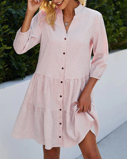 Robe à carreaux pour femme coupe trapèze boutonnée moderne
