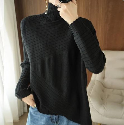 Pull en tricot côtelé confortable à col roulé asymétrique