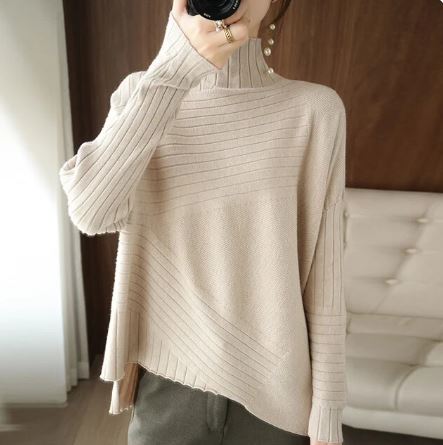 Pull en tricot côtelé confortable à col roulé asymétrique