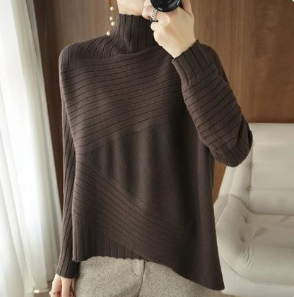 Pull en tricot côtelé confortable à col roulé asymétrique
