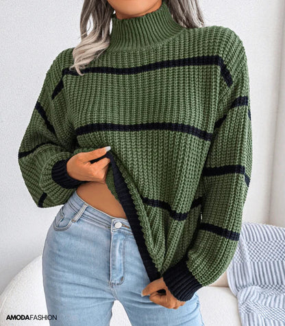 Pull Femme Automne Douillet Rayé Col Roulé