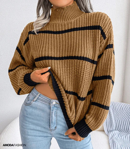 Pull à col roulé rayé Manches longues Chaud