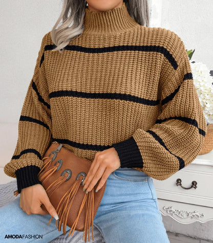 Pull Femme Automne Douillet Rayé Col Roulé