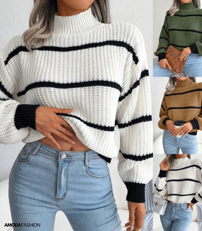 Gestreifter Rollkragenpullover Langarm Warm - IdealeKleiden
