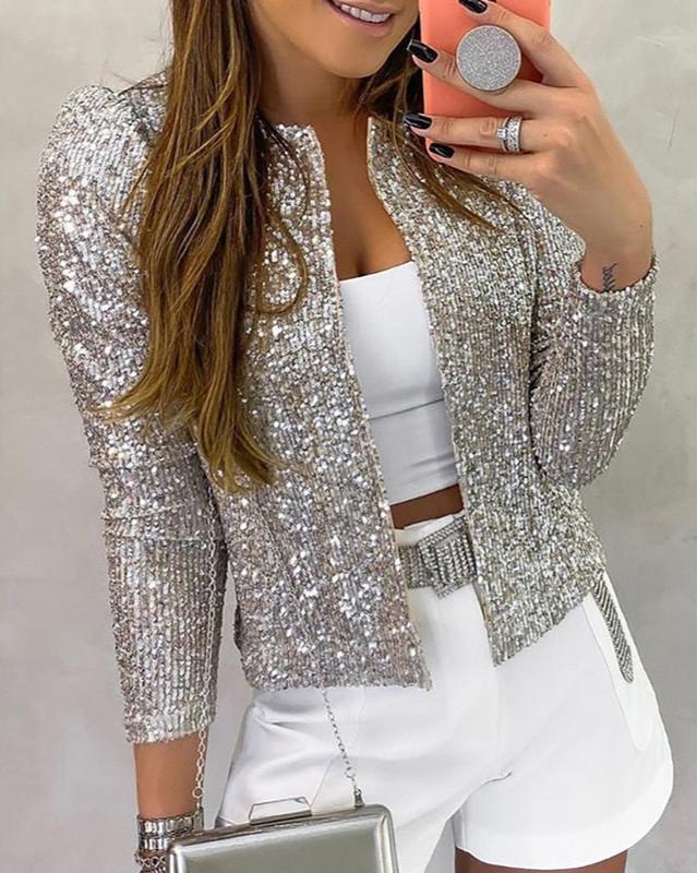 Veste à paillettes pour femme sans col