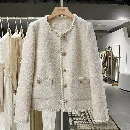 Veste courte élégante en tweed à boutons dorés pour femme