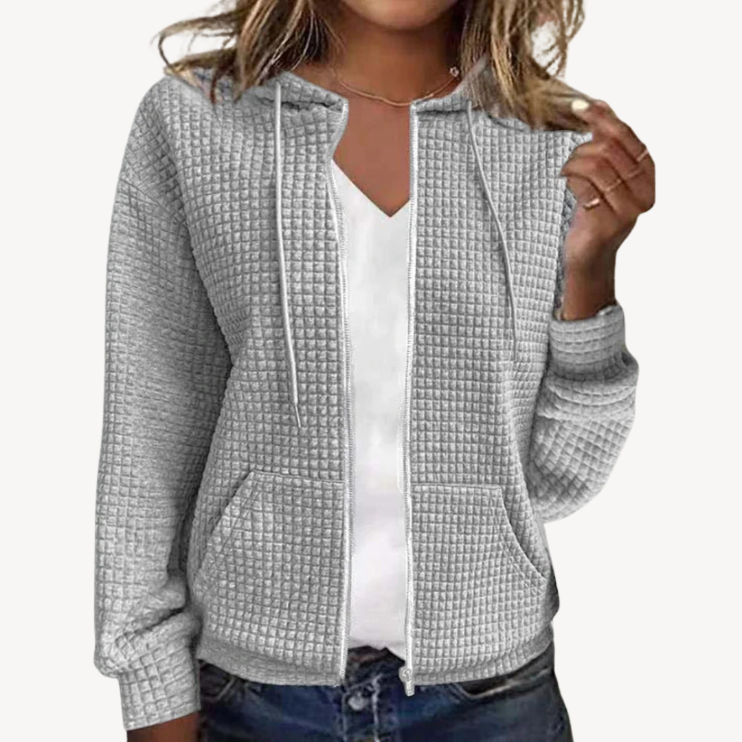 Pull-over gaufré douillet pour femme avec capuche et fermeture éclair