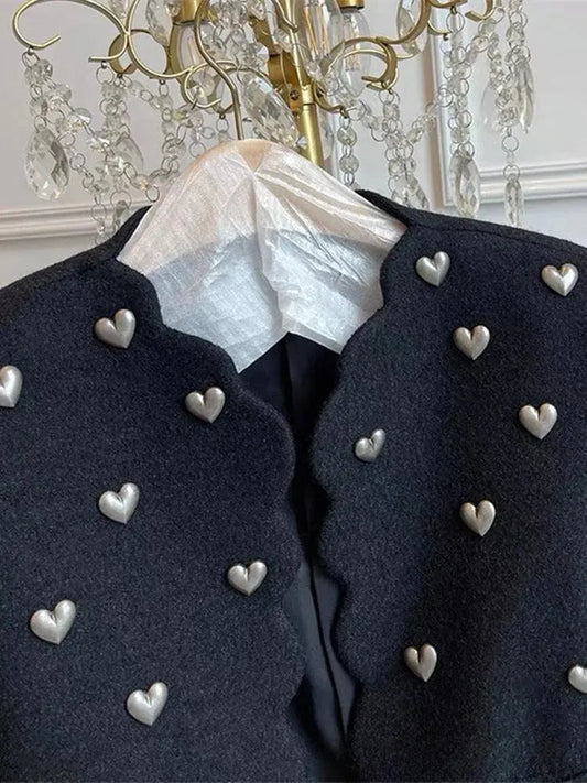 Herz Muster Wolljacke Damen Schwarz Tweed - IdealeKleiden