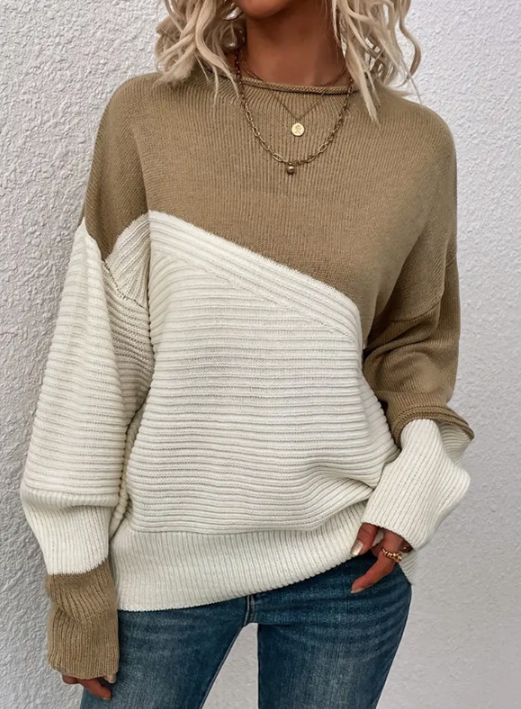 Pull tricoté pour femme, automne, bicolore, tendance