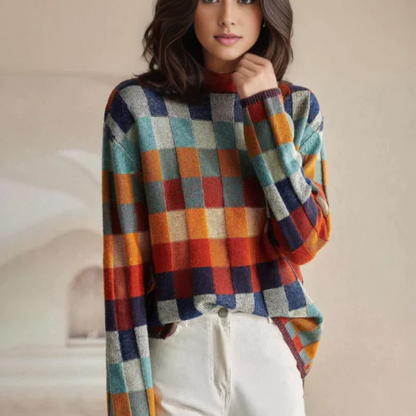 Pull à col roulé douillet design patchwork