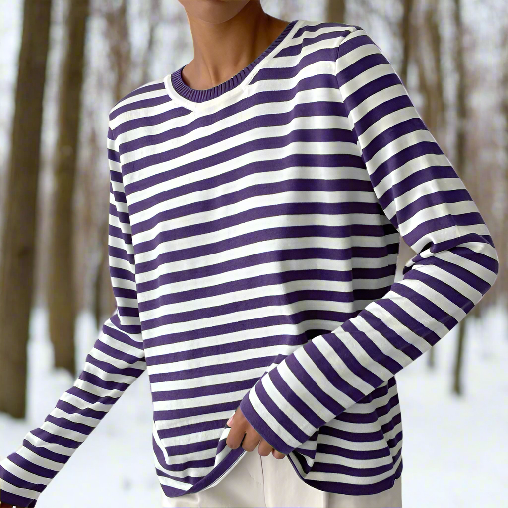 T-shirt manches longues confortable rayé col rond coton