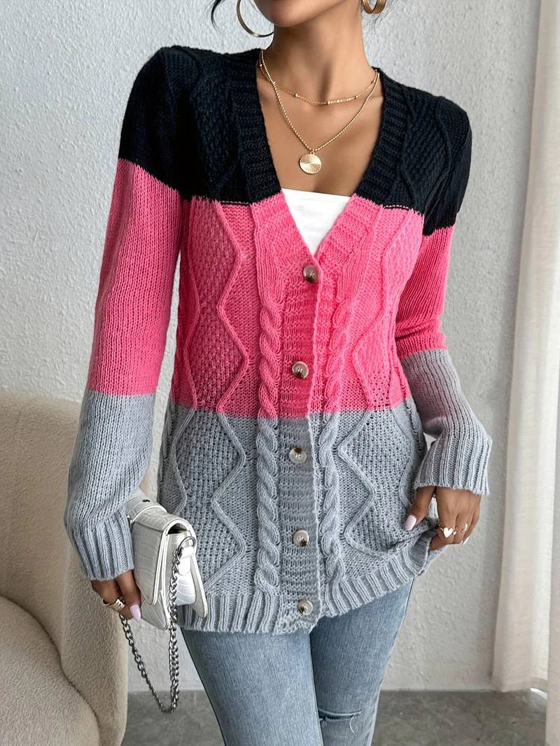 Gilet femme tendance motif color block fermeture boutonnée