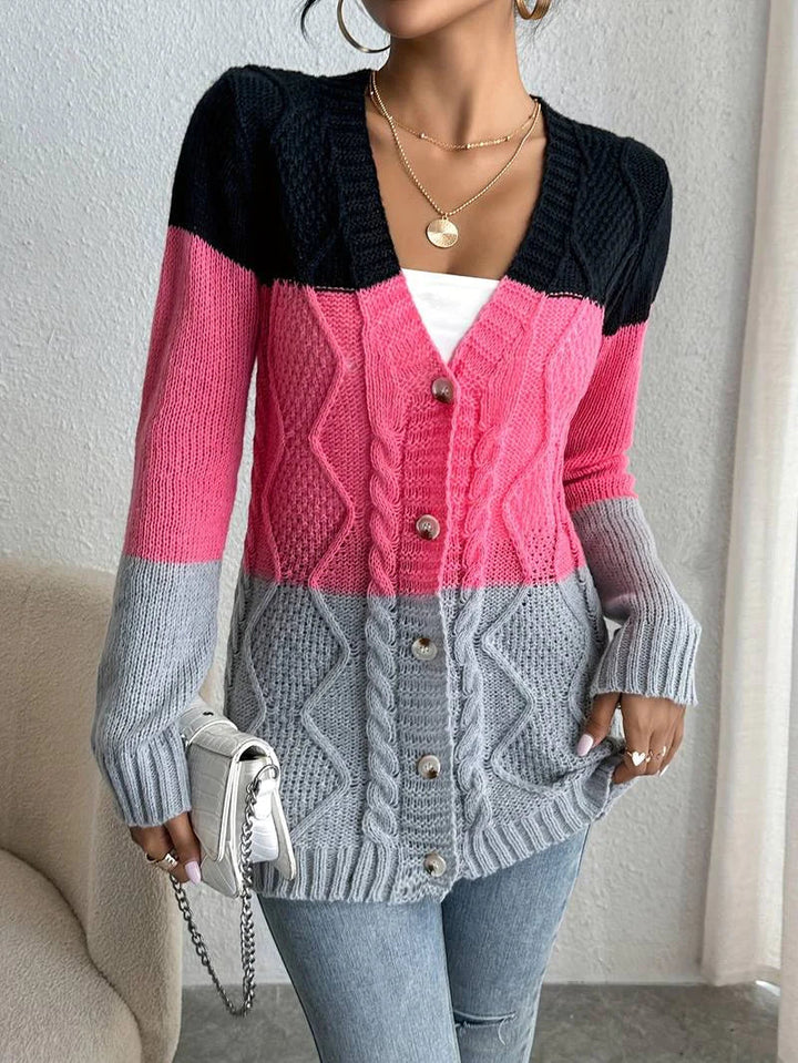 Gilet femme tendance motif color block fermeture boutonnée