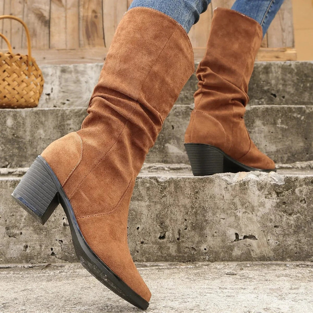 Damenschuhe Stiefel Knöchel Spitz Zehe Blockabsatz - IdealeKleiden