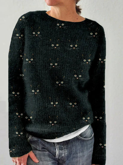 Pull douillet Chat Mignon Imprimé visage Col rond