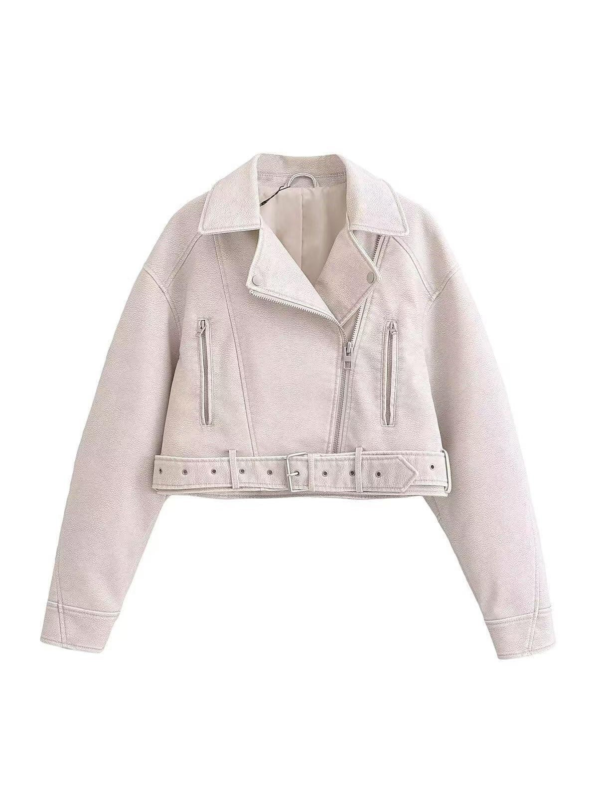 Blouson en cuir style motard court avec ceinture