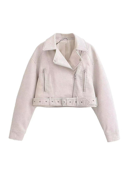 Blouson en cuir style motard court avec ceinture