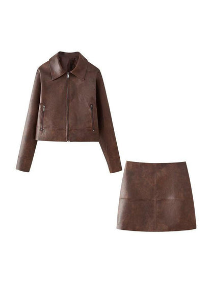 Ensemble jupe courte et blouson en cuir femme