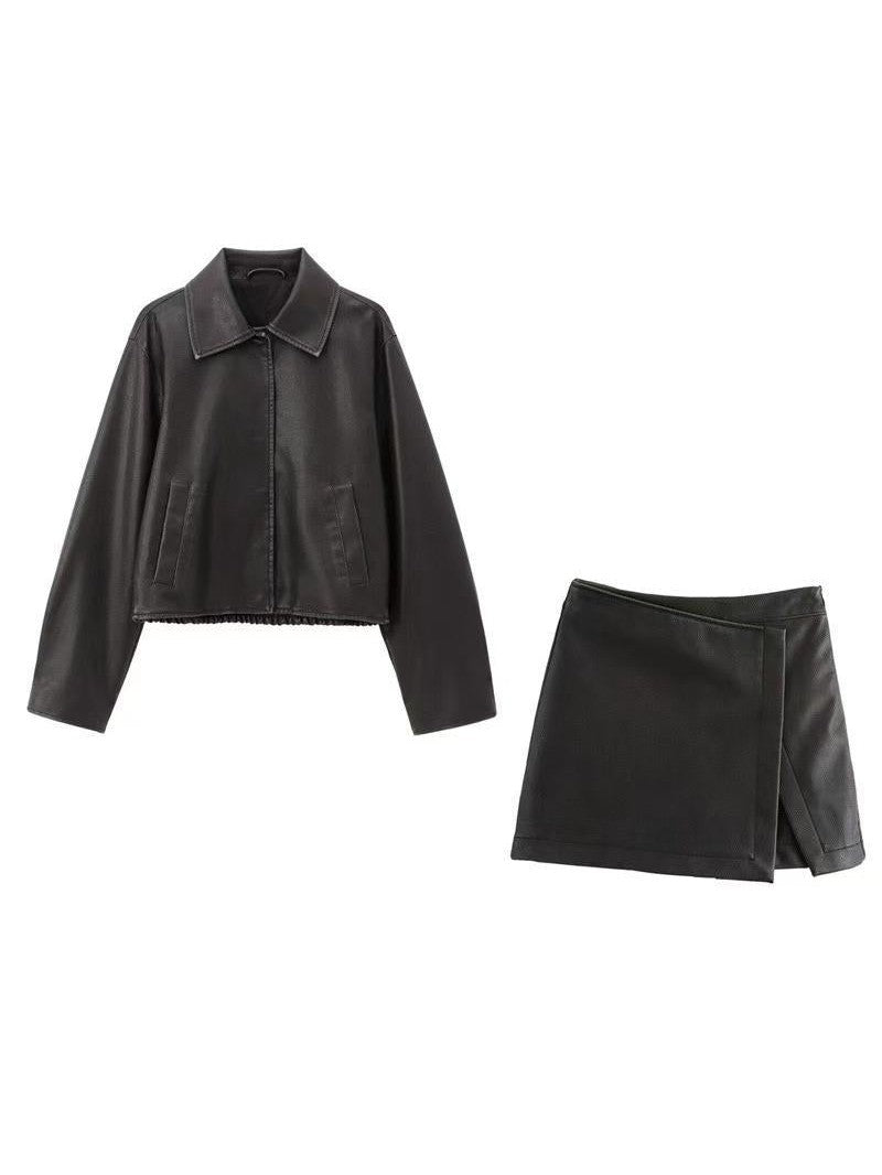 Lederjacke Damen Set mit Skort Rock - IdealeKleiden
