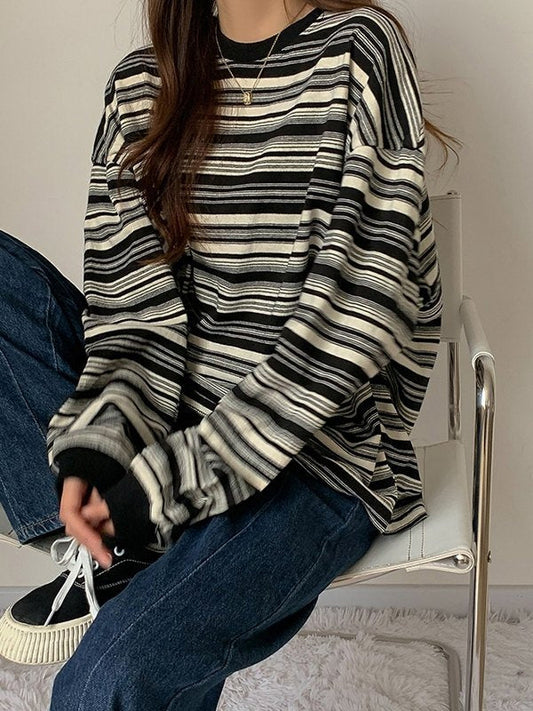 Große Oversized Pullover Rundhals Streifenmuster - IdealeKleiden