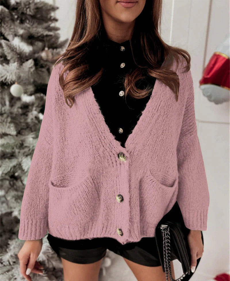 Cardigan ample à col en V et boutons, Décontracté et confortable