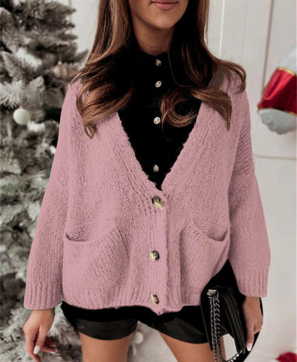 Cardigan ample à col en V et boutons, Décontracté et confortable