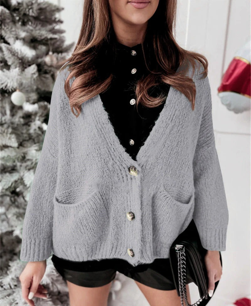 Cardigan ample à col en V et boutons, Décontracté et confortable