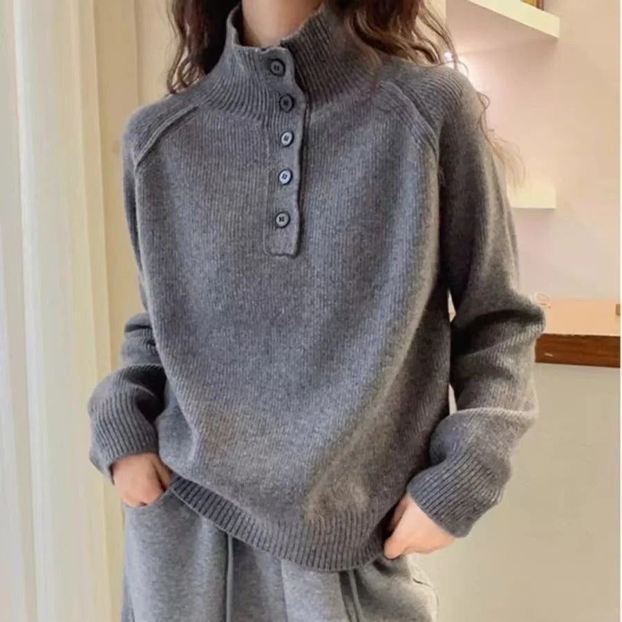 Robe femme mélange de laine Coupe ample Col montant Boutons
