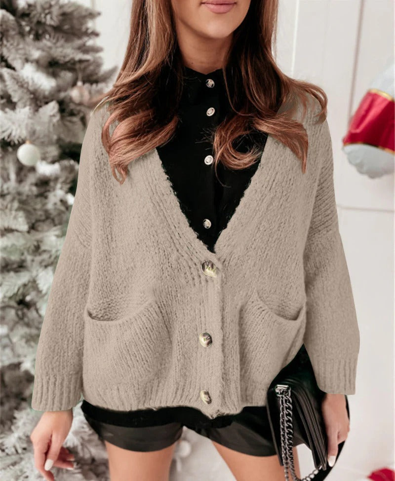 Cardigan ample à col en V et boutons, Décontracté et confortable