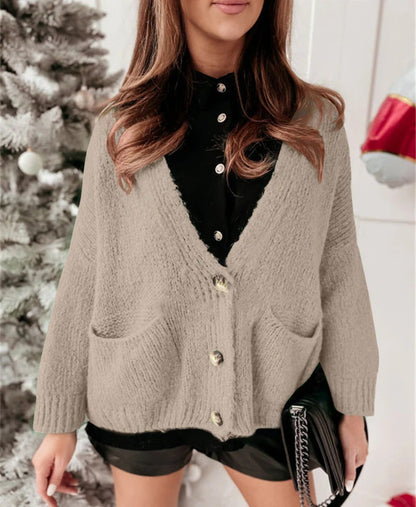 Cardigan ample à col en V et boutons, Décontracté et confortable