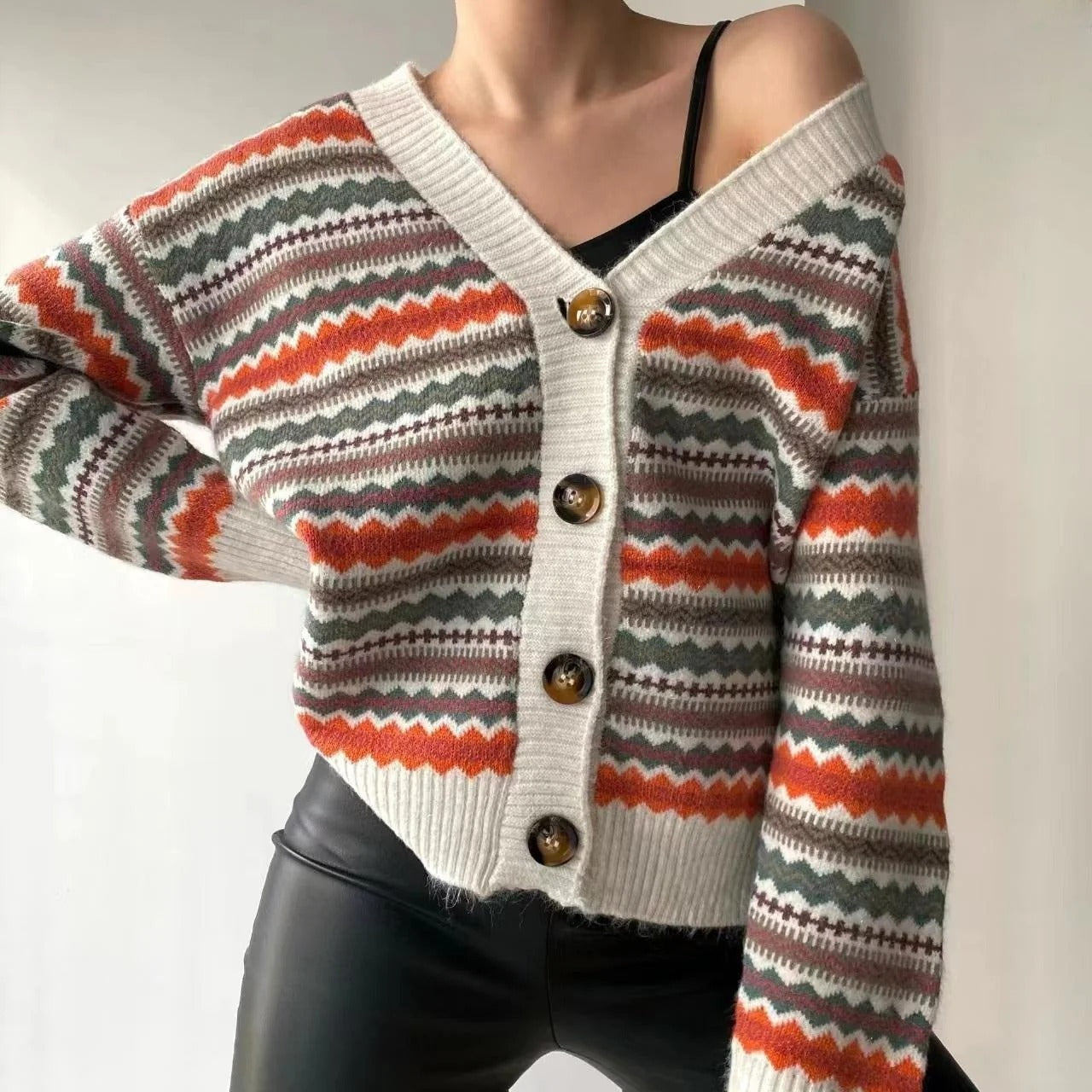 Cardigan ample à col en V et motifs