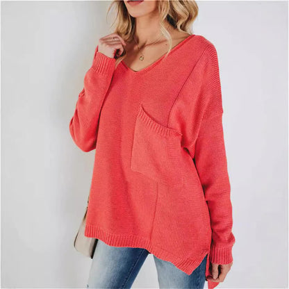 Grands pulls en tricot pour femme, col en V avec poche poitrine