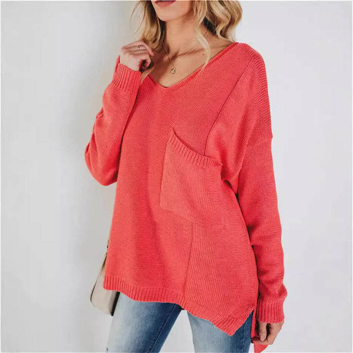 Grands pulls en tricot pour femme, col en V avec poche poitrine
