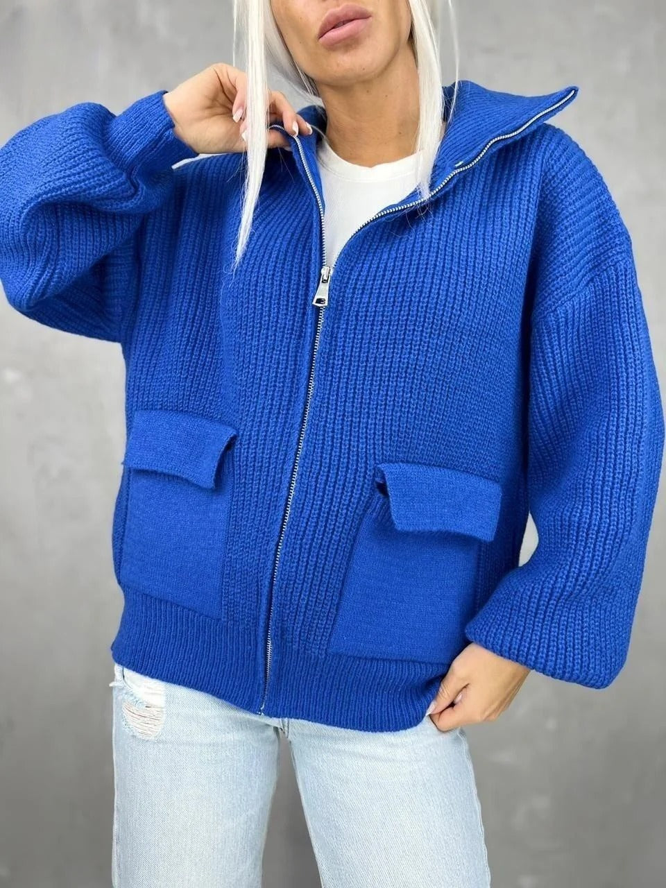 Bequeme Strickkleidung Lässige Passform Reißverschluss Taschen - IdealeKleiden