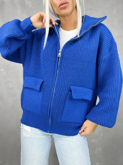 Bequeme Strickkleidung Lässige Passform Reißverschluss Taschen - IdealeKleiden